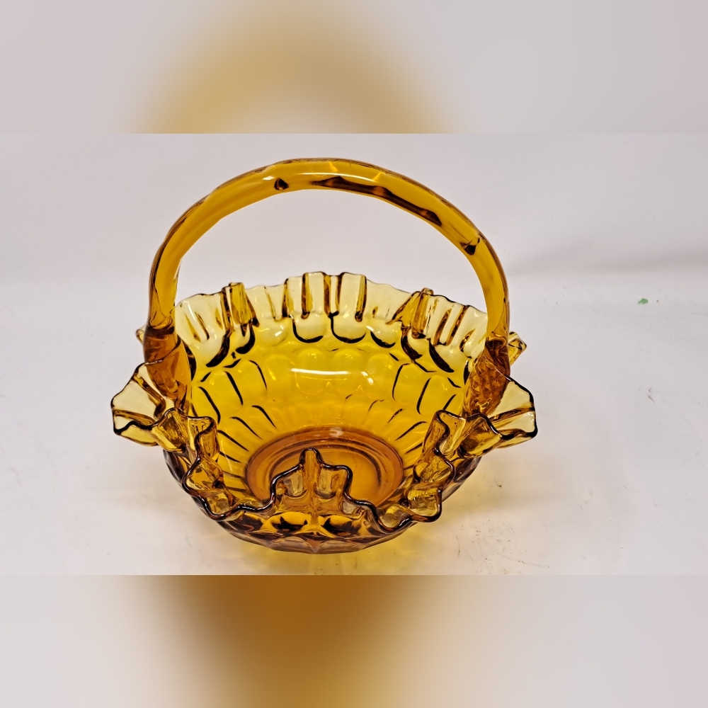 Fenton Amber Glass Thumbprint Basket With Ruffled Edge